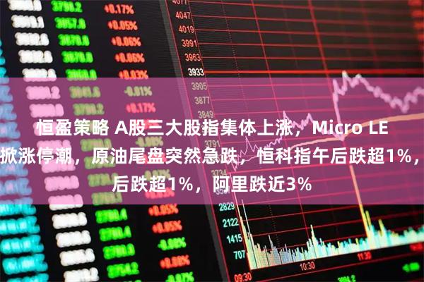 恒盈策略 A股三大股指集体上涨，Micro LED、智能电网掀涨停潮，原油尾盘突然急跌，恒科指午后跌超1%，阿里跌近3%